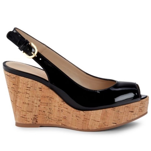 Stuart Weitzman Jean Black Leather Cork Wedge Platform Sandals  Summer Heels 9.5 - Picture 2 of 9